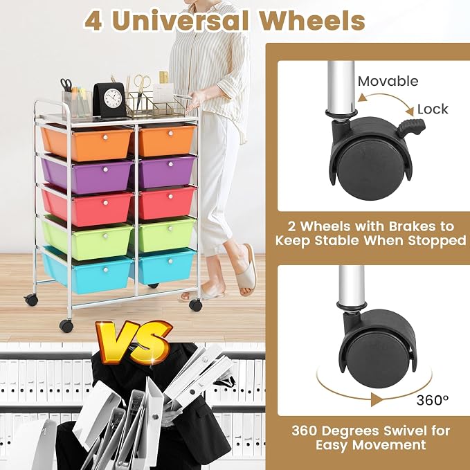 Moccha 10-Drawer Rolling Storage Cart - Storage Drawers Organizer with wheels for Craft Art Supply Paper Salon, Scrapbook Paper Tools, Under Desk Cabinet on Wheels for Classroom Office Home School