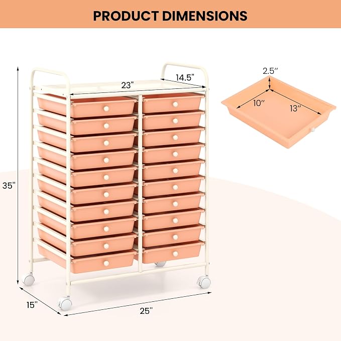 COSTWAY 20-Drawer Rolling Storage Cart, Utility Storage Organizer Cart | For Tools, Scrapbook, Paper, Craft, Multipurpose Storage Trolley on Wheels for Home Office School (Peach)
