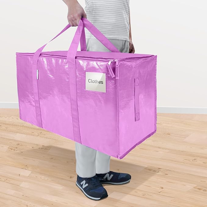 TICONN 4 Pack Extra Large Moving Bags Heavy Duty with Zippers & Carrying Handles, Durable Storage Bags Moving Boxes for Closet Organizers and Storage (4 Pack, Pink)