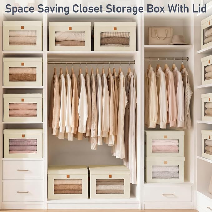 DIMJ Storage Bins with Lids - 6 Pack Front Opening Stackable Fabric Storage Boxes with Clear Window & Handles, Collapsible Closet Organizers for Clothes, Sweaters, Shelf Storage, Bedroom, Beige
