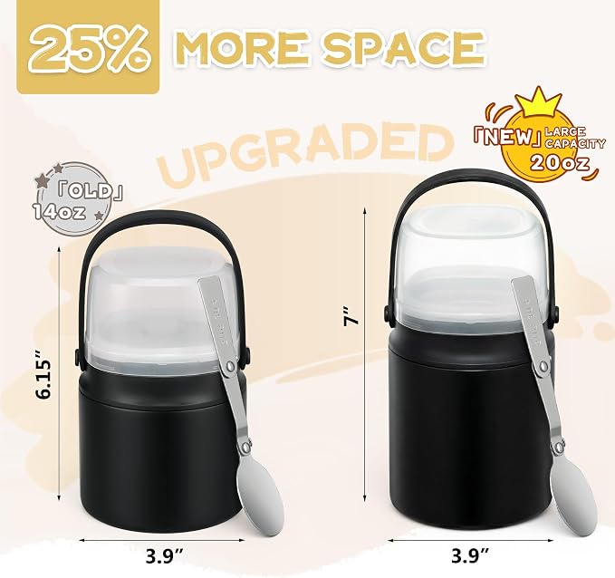 20oz Soup Thermo for Hot Food with a Snack Box Container，Leak Proof Insulated Lunch Container Kids and Adults，Stainless Steel Double Wall Vacuum Wide-mouth Food Jar with Spoon and Handle（Black）