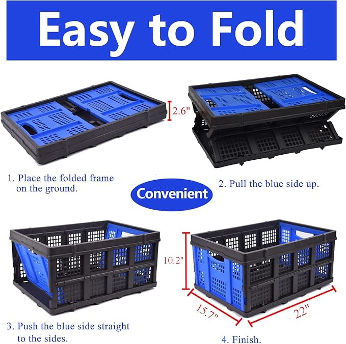 Collapsible Storage Crate 22L x 15W x 10.7H Inch - Foldable and Stackable Plastic Bin, 1.73 Cu Ft Folding Basket for Car Trailer Garage and Home – 1 Pack