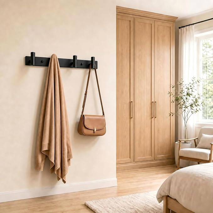 Wall Mounted Coat Rack-4 Hooks, Heavy Duty Stainless Steel Wall Hooks for Towel Coat Bag, Hat Rack Coat Hanger Coat Hooks Towel Racks for Bathroom Entryway Kitchen Hotel Office (Black, 1 Pack)