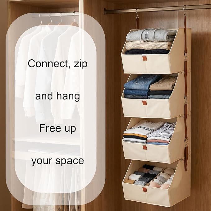 4-Tier Hanging Closet Organizer and Storage, Foldable Fabric Shelves with Hooks, Space-Saving Hanging Shoe Organizer for Bedroom, Dorm, RV, Beige