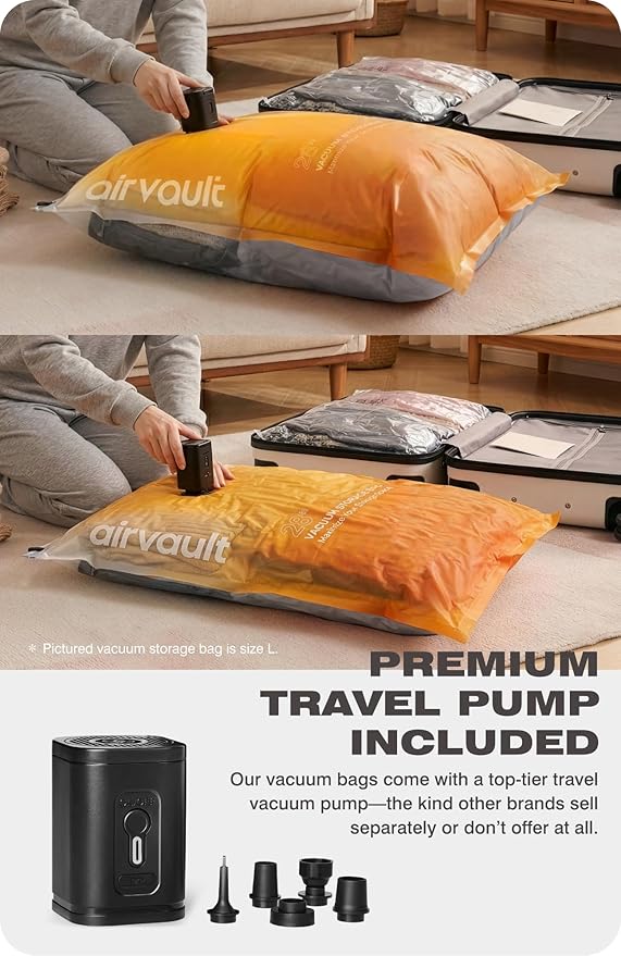 AirVault Vacuum Storage Bags for Travel & Home - Space Saver Compression Packing Bags Set for Clothes, Blankets & Seasonal Storage, Small (2), Medium (4), Large (4) (Orange,10-Pack Combo)