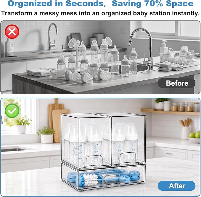 Clear Baby Bottle Organizer, 3-Piece Modular Stackable Acrylic Bins Set | BPA-Free Heavy-Duty Acrylic; Fits Breast Pump Parts, Nipples & Pacifiers; Space-Saving Nursery Cabinet & Drawer Organizer