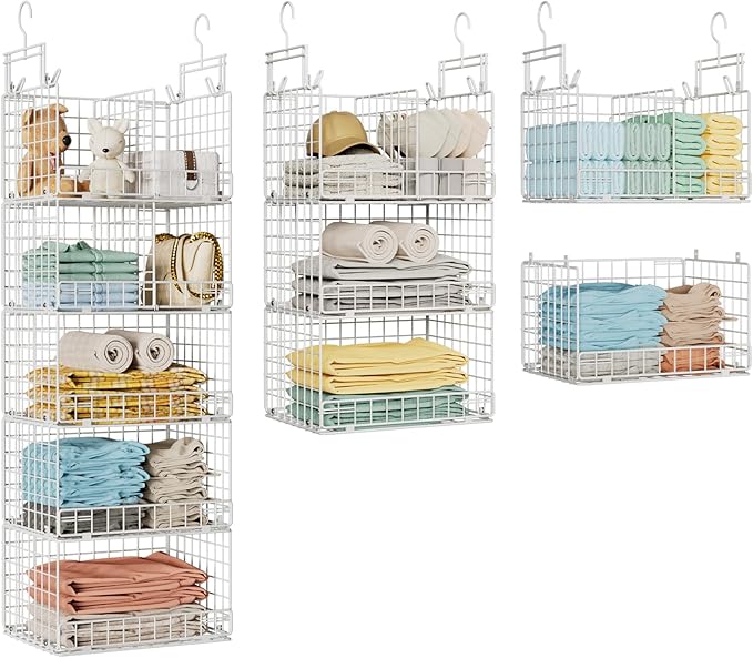 VyGrow 5 Tier Hanging Closet Organizer with Adjustable Dividers, Heavy-Duty Storage Shelves for Clothing, Kitchen, Laundry Room, Extra Large Baskets, 15.7" W x 11.8" D x 51" H, White
