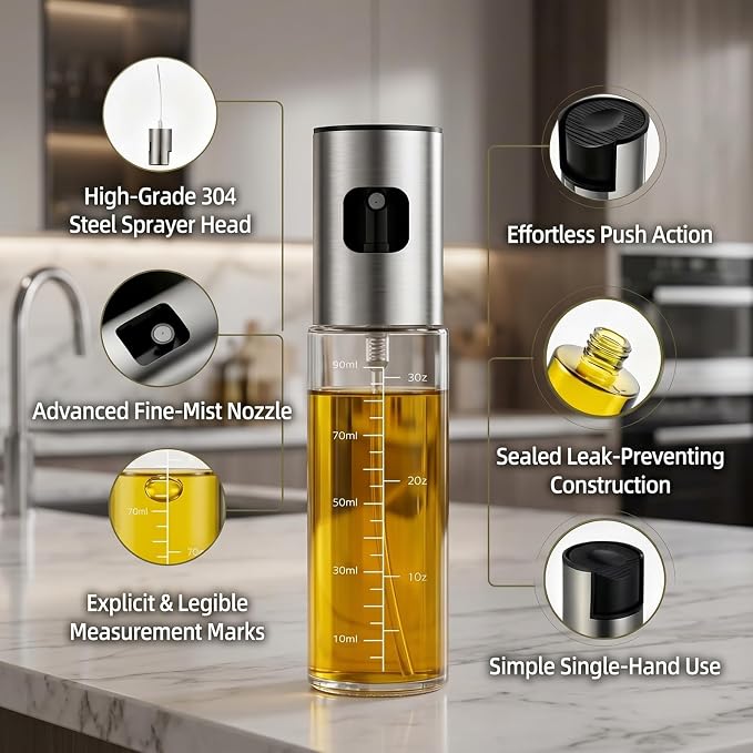 100ml Olive Oil Sprayer, Food Grade Glass Cooking Oil Spray Bottle, Stainless Steel Mister for Air Fryer Salad BBQ Roasting