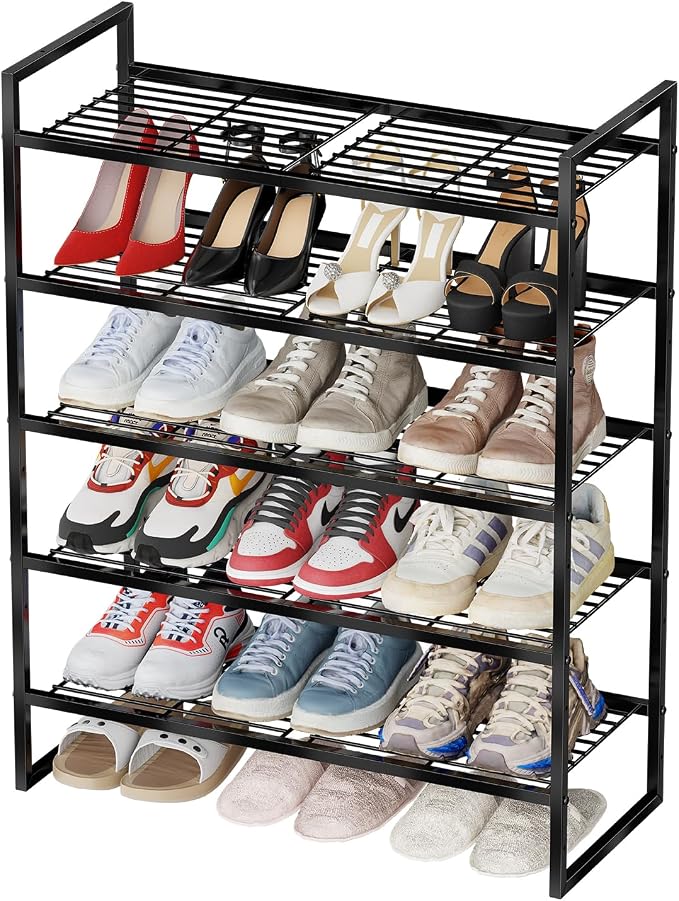 5 Tier Shoe Rack for Closet, 27 Inch Long Square Shoe Storage Organizer for Shelves, Heavy Duty Metal, Easy Assembly Stackable, Black