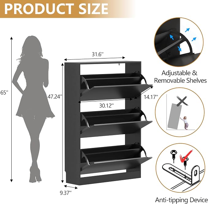 Wodeer Narrow Shoe Cabinet for Entryway, Slim Shoe Storage Cabinet with 3 Flip Drawers, Hidden Wood Shoe Cabinet Storage, Freestanding Shoe Rack Organizer Foyer, Hallway, Black