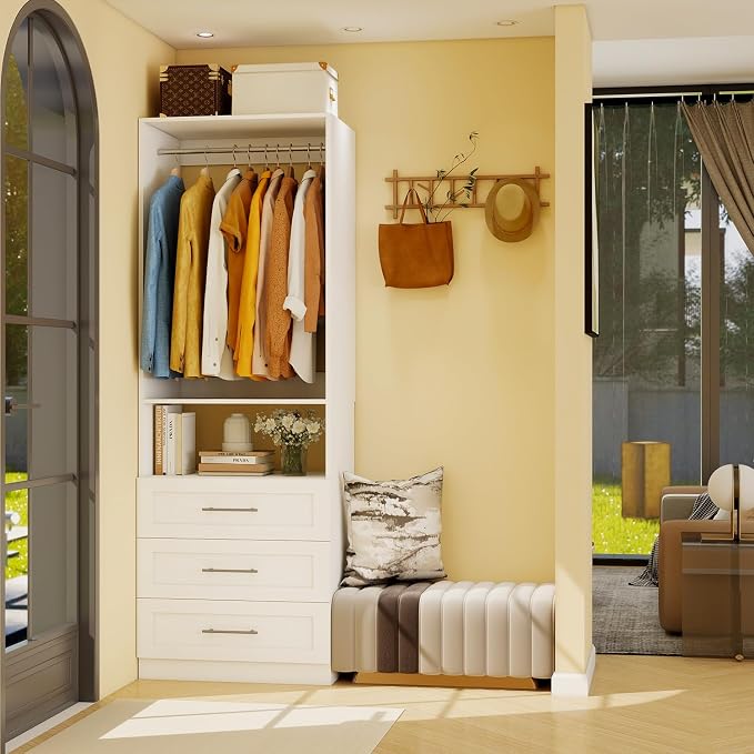 Closet System with Wooden Drawers, 8FT Closet Organize System with Drawers & Hanging Rods &for Walk in Closets, 4PCS*24" Freestanding Closet System, White(8FT)