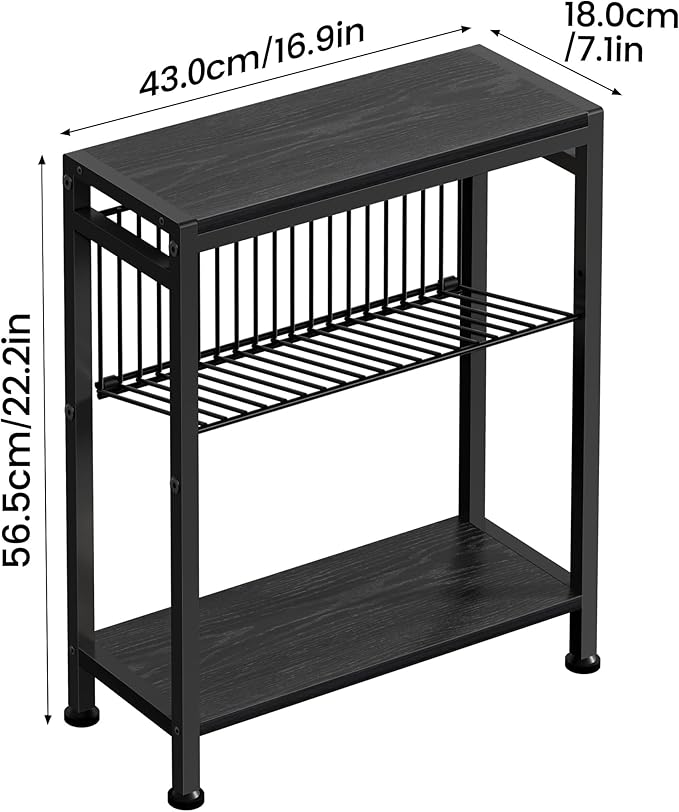Side Table for Small Spaces, Narrow End Table with Adjustable V-Shaped Magazine Rack, 7.1"D x 17"W x 21.7"H, Black