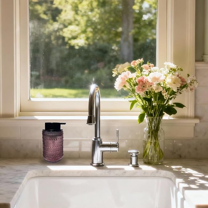 Foaming Soap Dispenser, Refillable Clear Glass Pump Bottle, 13.5 Fl Oz Vintage Foam Dispenser with Black Pump, Multi-Use for Bathroom Kitchen Hand Soap & Lotion, Modern Home Decor (Pink)