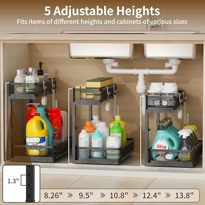 Under Sink Organizer 2 Pack, 2-Tier Slide Out Cabinet Organizer with Metal Sliding Drawer and Hooks, Pull Out Storage Baskets for Kitchen Bathroom Pantry Cabinet Organization (black)