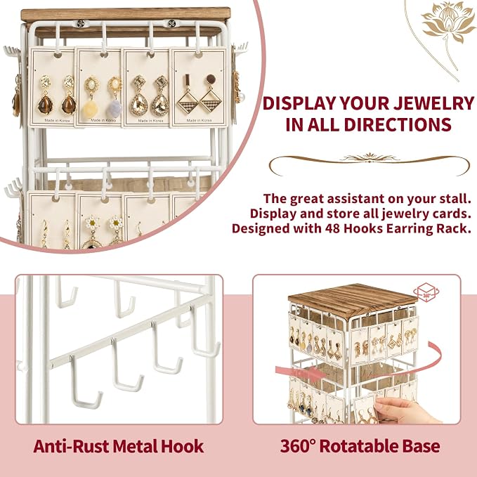 360 Rotating Earring Display Stands for Selling, Earring Rack Display Holder Stand, Jewelry Display for Vendors Selling Earring Cards, Necklaces, Bracelets, Hair Accessories (48 Hooks)