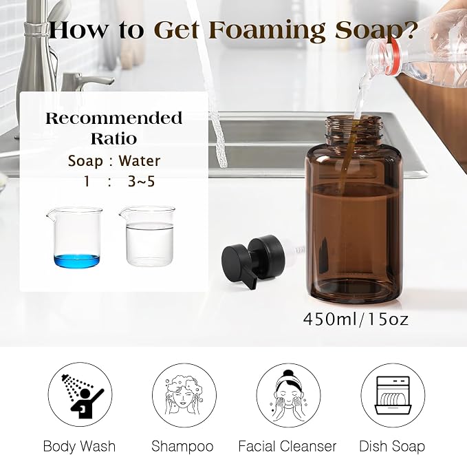 Luxspire Foaming Soap Dispenser, Non-Slip Hand Soap Dispenser with Fast Drying Tray, 15oz Glass Refillable Liquid Bottle for Bathroom & Kitchen, 2 Pack, Brown + Dark Gray