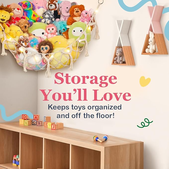 Lilly's Love Stuffed Animal Storage Macrame Hammock w/String Lights, Large - Boho Room Decor Toy Storage - Corner Hanging Plushie Stuffed Animal Net Organizer (White)