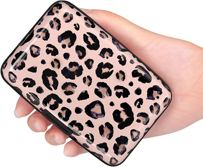 Credit Card Holder for Women, Mini RFID Metal Wallet Credit Cards Holder Cute Pocket Business Card ID Case, Pink Leopard