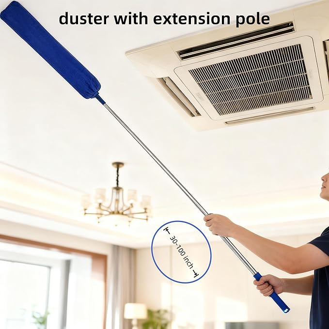 Retractable Gap Dust Cleaner with 30-100 Feet Extendable Long Handle and 2 Microfiber Dusting Cloths, Cleaning Duster for Under Appliance Refrigerator Furniture Sofa Bed (Gray)