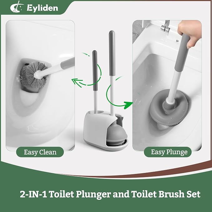 Eyliden Toilet Plunger & Brush Set, 3-Step Suction Cup, Compact Caddy | Space-Saving Toilet Deep Cleaning Combo with Holder, Ultra-Tight Seal, Durable, Nylon Bristles, Bathroom Essentials