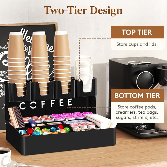 Lifewit 2-tier Coffee Station Organizer Caddy for Countertop, 11 Compartments Coffee Bar Organizers for Cups, Pods, Sugar, Compact Condiment Holders Storage for Office Breakroom Kitchen Home Black