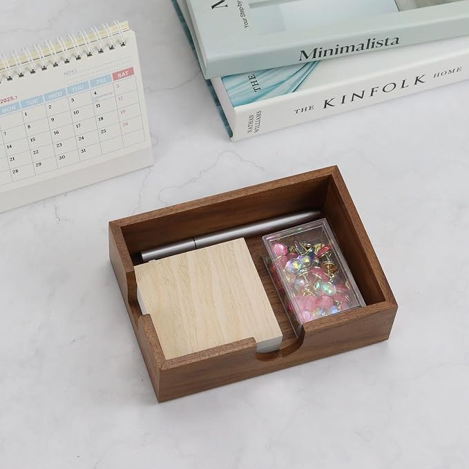 Buqoo 4x6 Walnut Wood Notepad Holder Sticky Notes Memo Pad Dispenser | Large walnut wood notepad holder with U-shaped opening, fits 4x6 sticky notes and keeps desk organized with natural style.