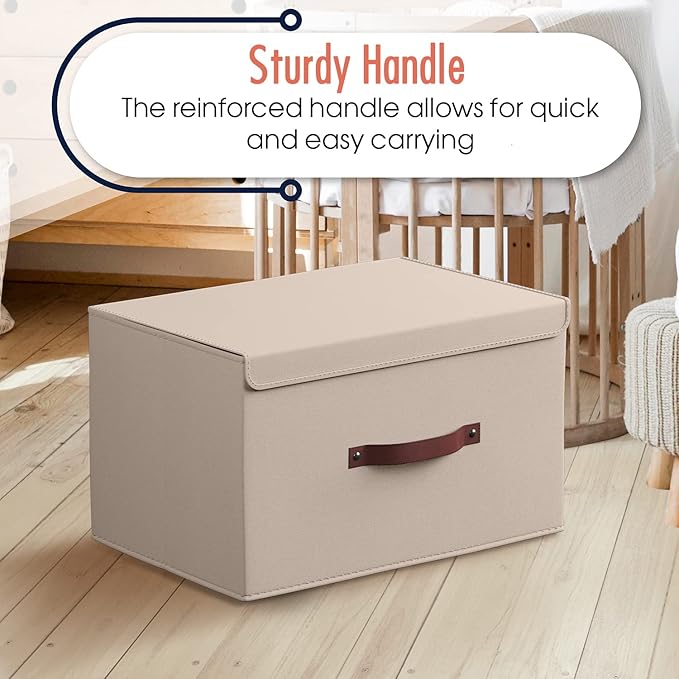 Ornavo Home 3 Pack Collapsible Storage Bins with Lid, Foldable Linen Fabric Shelf Storage Basket Closet Organizer and Large Storage Box for Clothes with Leather Handles, 16.5 x 11.8 x 7.5, Beige