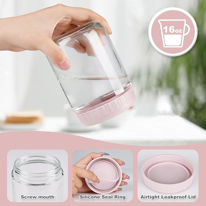 SHOWIN Overnight Oats Containers with Lids, 16oz Glass Jars with Lids 8 pcs, Wide Mouth Mason jars for Salad, Yogurt, Snacks, Meal Prep