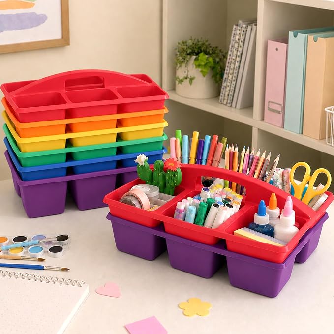 gisgfim 6 Pack Plastic Classroom Caddy with 6-Compartments Plastic Storage Caddies with Handle 6 Compartments Table Caddy Organizer Versatile Table Caddies for Classroom Office Storage, Rainbow Color