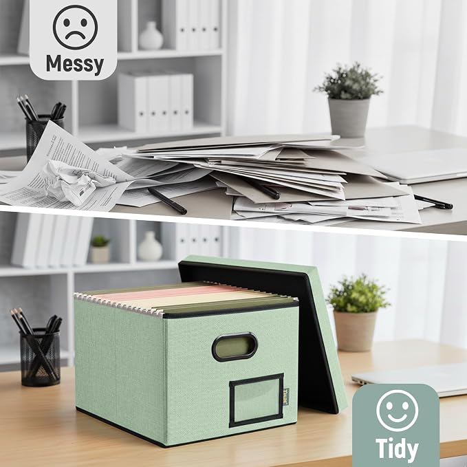 BALEINE File Organizer Box with Lid, Collapsible File Folder Organizer with Plastic Slide, Filing Box for Office Home Document Organizer Storage (Green, 1PK)