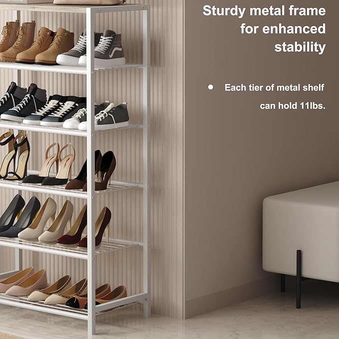 HOMEFORT Shoe Rack 6-Tier, Shoe Storage Shelf, Industrial Shoe Tower, Narrow Shoe Organizer for Closet Entryway, Small Shoe Rack Table with Durable Metal Shelves,White Oak