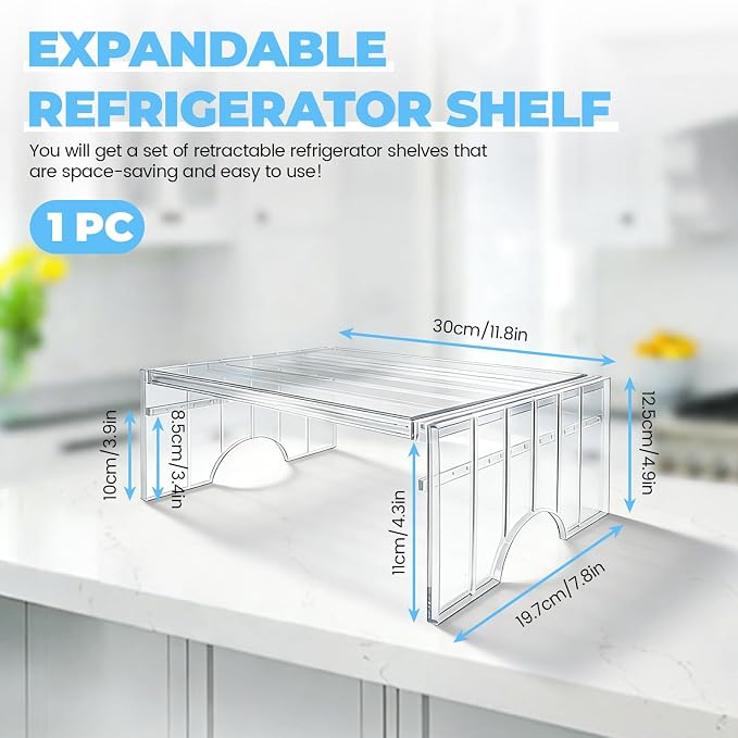 11.8-15.8in Expandable Freezer Shelf, 2 Heights Adjustable Refrigerator Organizer, Acrylic Shelf Riser Kitchen Cabinet Rack for Pantry, Cupboard, Countertop, Office