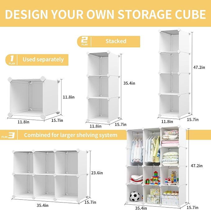 VIPZONE Baby Closet,Dresser, Kids Closet Organizers, Portable Kids Wardrobe for Closet, Bedroom, Nursery, Cubby, Cabinet, Clothes, Dress, Baby Storage Shelf, Armoire Clothes Hanging (12 Cube, White)