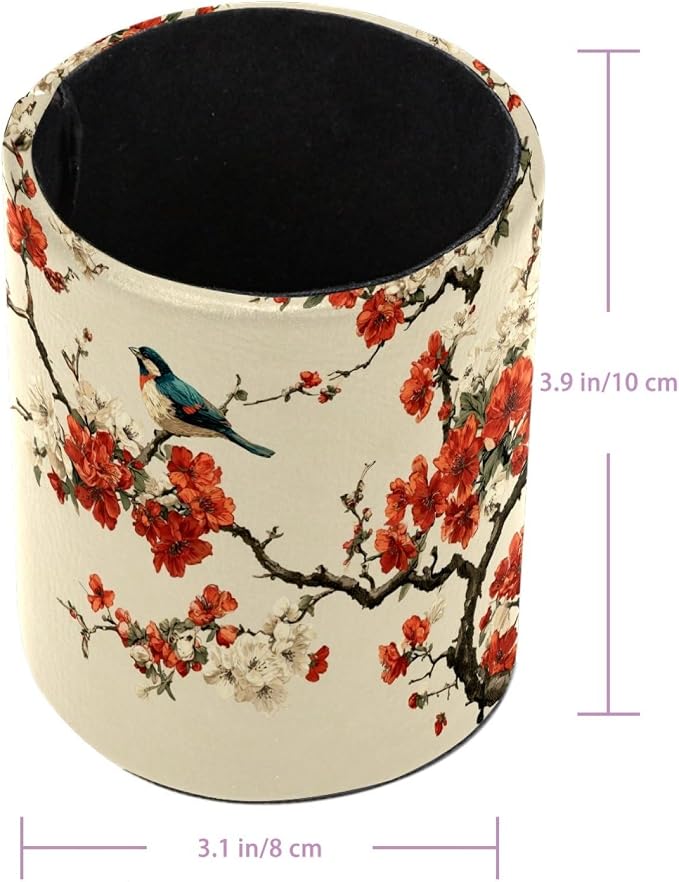 Faux Leather Pen Holder for Desk, Pencil Organizer Flowers and Birds Pen Cup Desk Decor Makeup Brush Holder Storage for Office Home