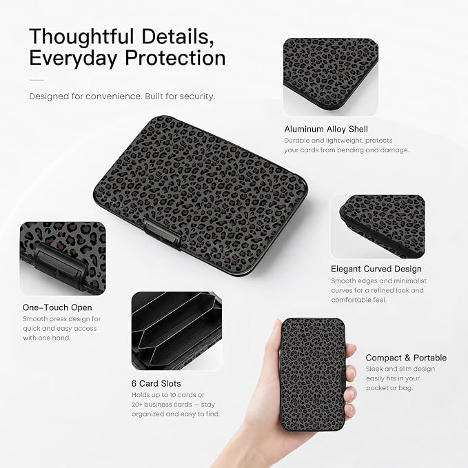 Credit Card Holder, Black Leopard, Aluminum Wallet for Women Men | ABS Business ID Case,Hard Case Large Capacity 6 Slots, Waterproof Durable ，Secure Closure Slim Small Credit Card Protector