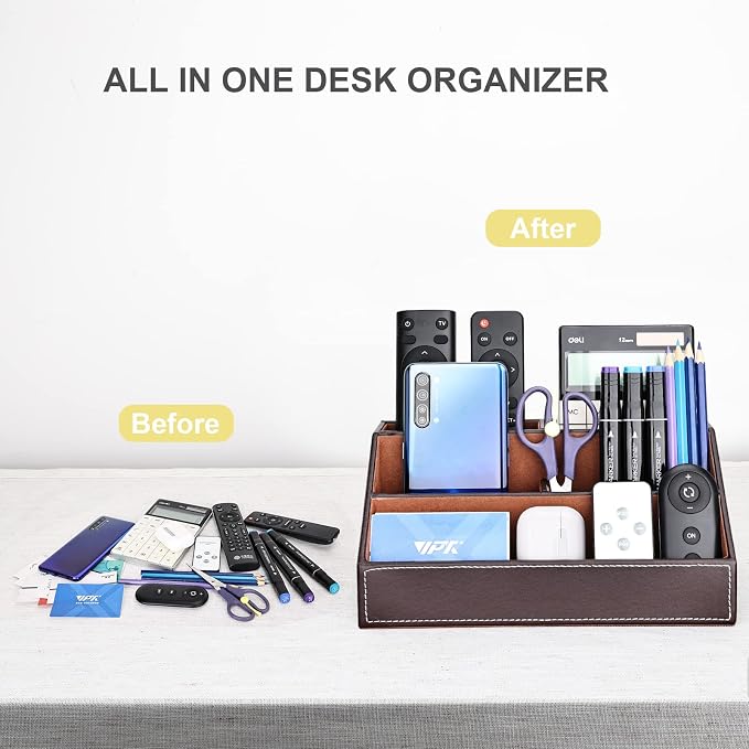 KINGFOM Pu Leather Desk Organizer with 5 Compartments Holder, Multi-Functional Office Supplies Storage Caddy for Pen/Pencil, Phones, Remote Controller and Desktop Accessorie Brown