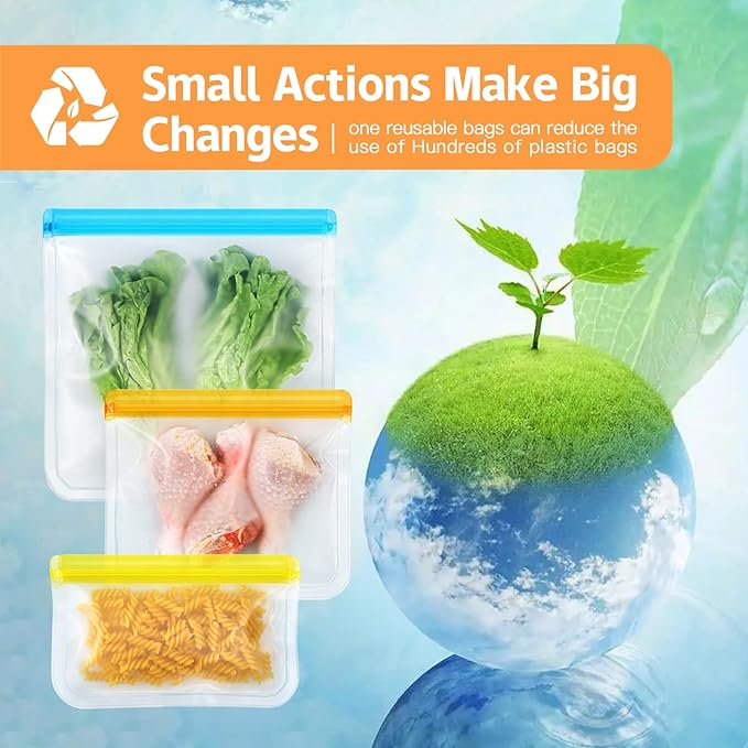 10 Pack Dishwasher Safe Reusable Bags, Silicone, Leakproof, BPA Free, Reusable Food Storage Bags for Lunch, Marinate, Freeze, Travel (Clear) - 3 Gallon, 3 Snack, 4 Sandwich