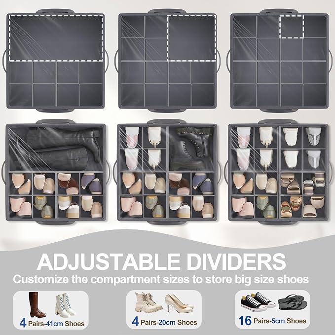 2 Pack Large Shoe Organizer for Closet, 32 Pairs Shoe Storage Box with 360° Wheels & Reinforced Handles, Adjustable Dividers, Clear Cover, Side Pocket, Foldable Oxford Fabric Bin for Entryway, Grey