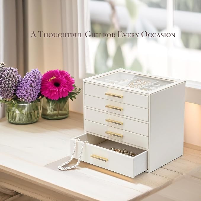 VLANDO 5-Drawer Jewelry Box with Glass Lid, Faux Leather Organizer for Rings Earrings Necklaces and More, Gift-Ready Jewelry Case for Women Girls or Moms, Beige