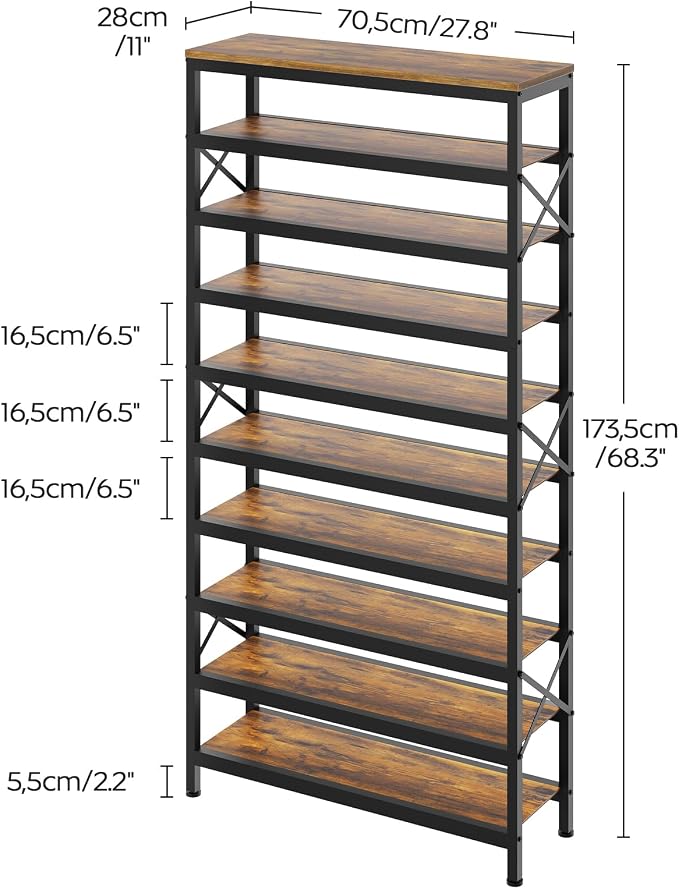 YATINEY 10-Tier Tall Shoe Rack Organizer, Wooden Shoe Storage for Closet Holds 40 Pairs, Sturdy Shoe Shelf with X-Shaped Metal Support, for Entryway, Bedroom, Rustic Brown and Black SS210BR