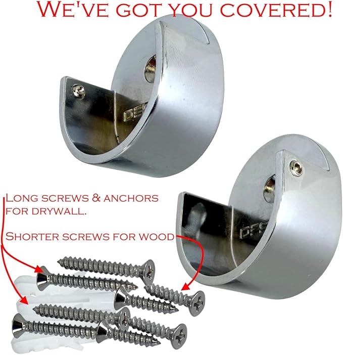 Closet Rod Support Flanges with Screw On Attachment | Heavy Duty Clothes Pole End Sockets for Wardrobes |Polished Chrome |4 Pair