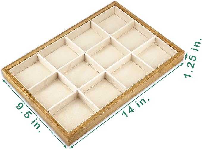 The Display Guys - Stackable Jewelry Tray and Organizer - for Drawers, Dressers, Store Display (12 Compartments, Bamboo Suede)