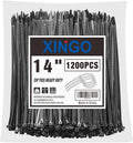 XINGO 14 Inch Black Zip Ties 1200 PCS, 75 LBS Tensile Strength, UV Resistant Cable Ties, Self-locking Plastic Ties for Indoor and Outdoor Use