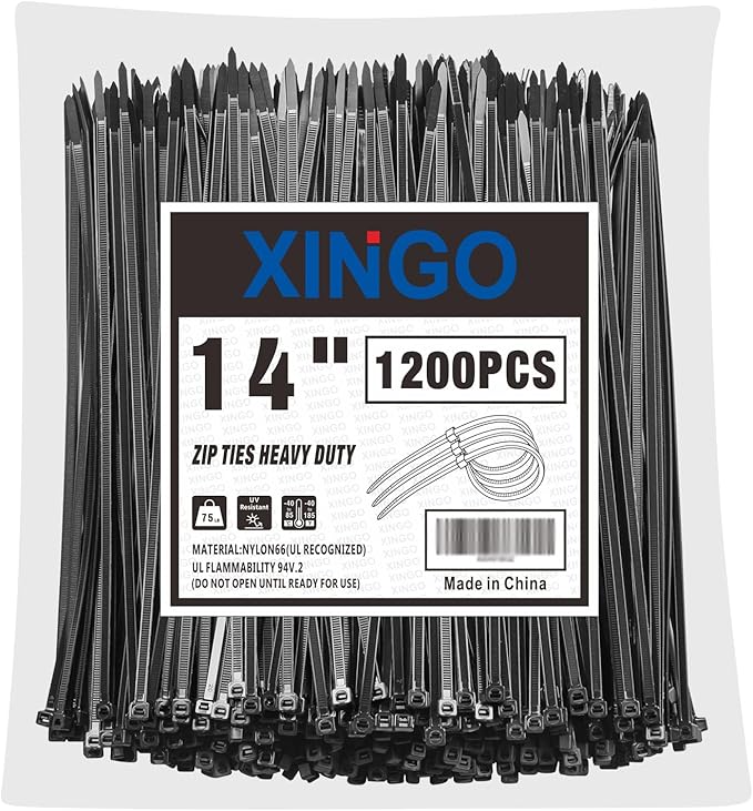 XINGO 14 Inch Black Zip Ties 1200 PCS, 75 LBS Tensile Strength, UV Resistant Cable Ties, Self-locking Plastic Ties for Indoor and Outdoor Use