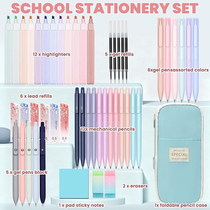 50 PCS Aesthetic School Supplies with Cute Pen Case,12 Pastel Highlighters,5 Black Ink Gel Pens, 12 Mechanical Pencils Set 0.5 & 0.7 mm 6 Color Gel Pens for Students Stationary College Essentials Blue