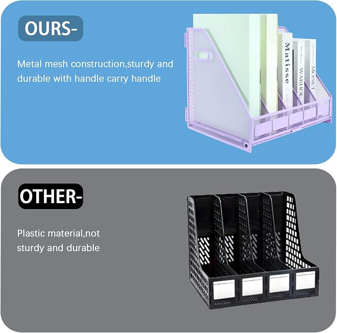 Desk Organizers Metal Magazine File Holder Racks Desktop Folder Storage Binder Organiser Document Organization for Home Office & Classroom,5 Vertical Compartments-Purple