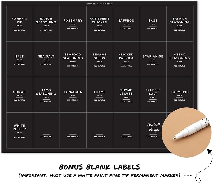 230 Black Spice Labels by ThreeKin | Waterproof & Oil-Resistant Pre-Printed Stickers for Spice Jars | Durable, BPA-Free Seasoning Labels | Easy-Clean, No-Residue Design | Proudly Female & USA Owned