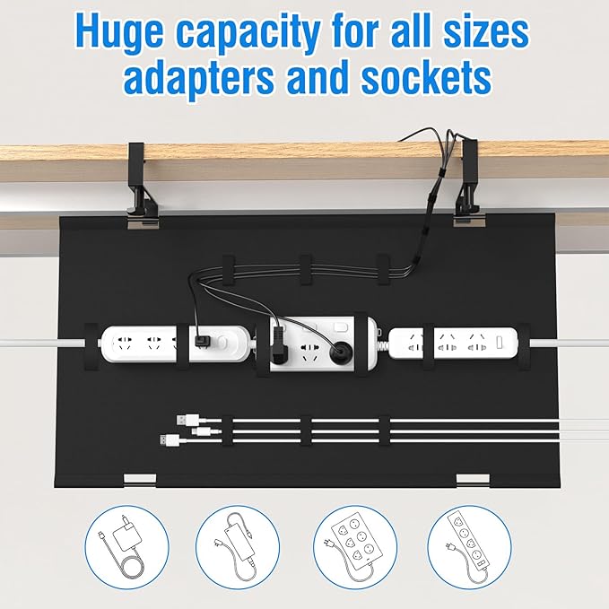 No Drill Under Desk Cable Management Tray, 48" Cord Management Tray with Cable Loop, Upgraded Oxford Fabric Wire Management for Standing Desk - No Damage to Table