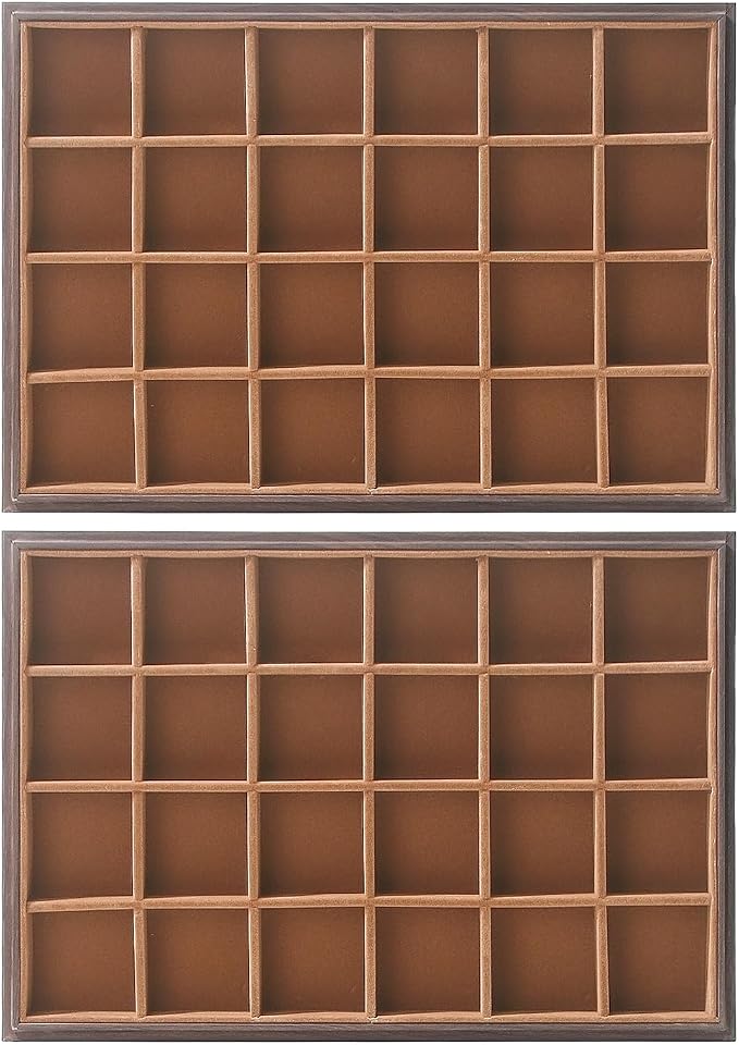 Wood Jewelry Organizer Tray, Earrings Holder (Brown, 2Pc, 24 Grids) | Stackable Earrings Organizer, Earrings Display Tray, 24 Grids Ring Holder, Space-Saving Storage