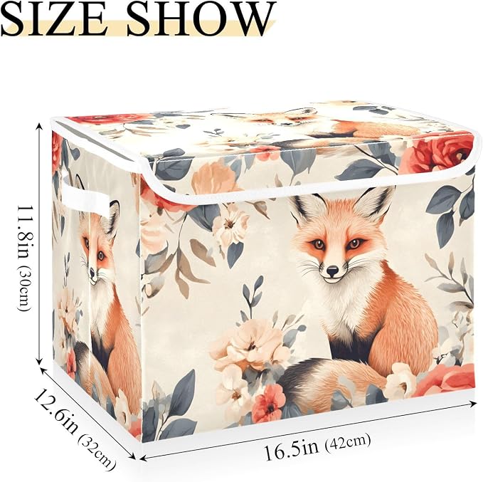 Flower-like Fox Lidded Storage Bins with Handles - 16.5"x12.6"x11.8" Foldable Organizing Box, Oxford Fabric & Honeycomb Board, Dust-Proof Flip Lid for Closet/Office